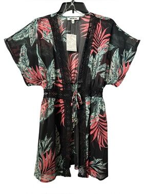 MIKEN SWIM Black Sheer Tropical Print Swim Cover Up Summer Kimono